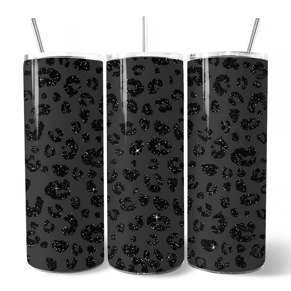 Black Glitter Leopard Print 20oz Personalized Tumbler With Lid and Stainless Steel Straw, Bold Animal Pattern Gift Cup