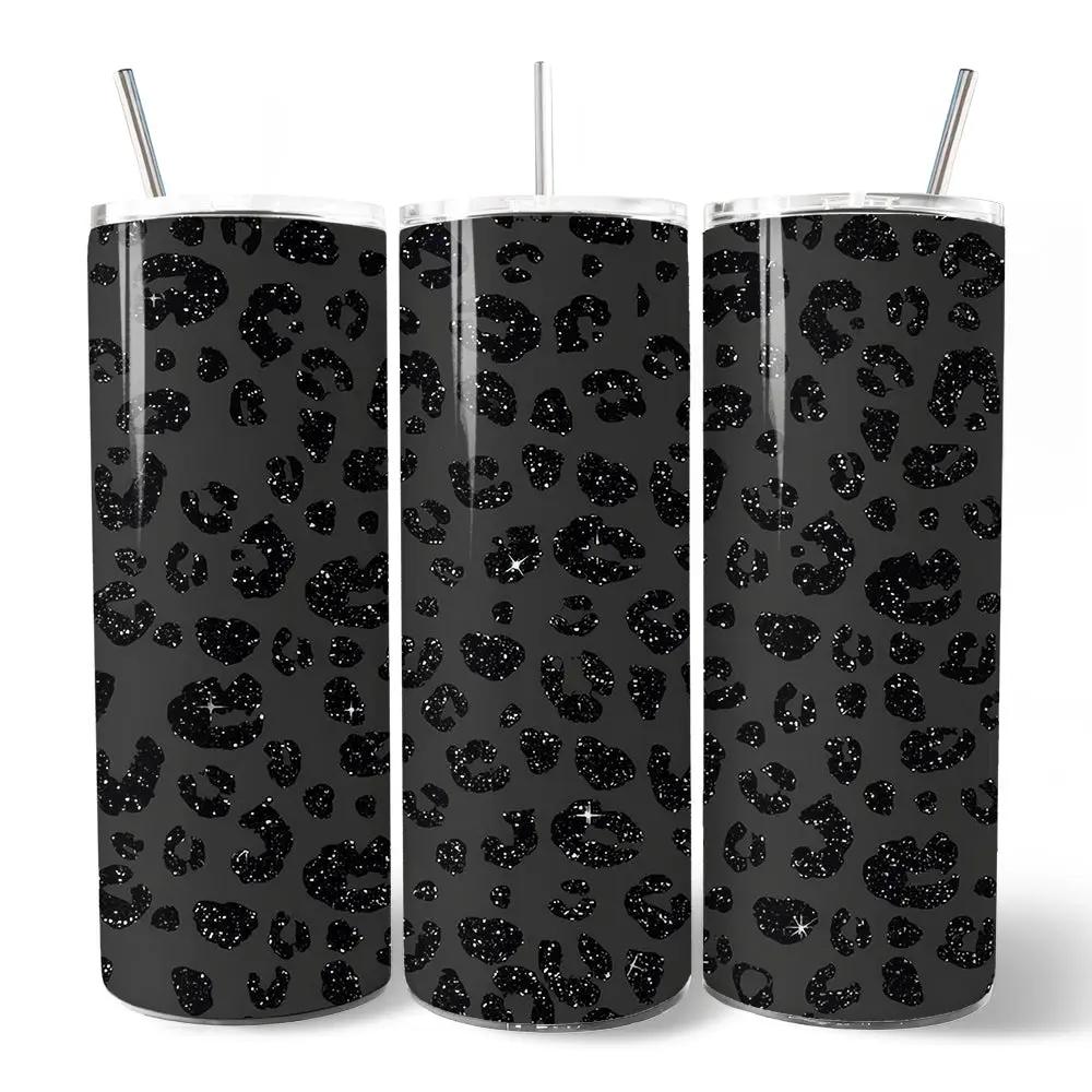 Tumbler trio: black glitter leopard 20oz tumblers with stainless straws by OrnamentallyYou on Tampa Home & Garden Store