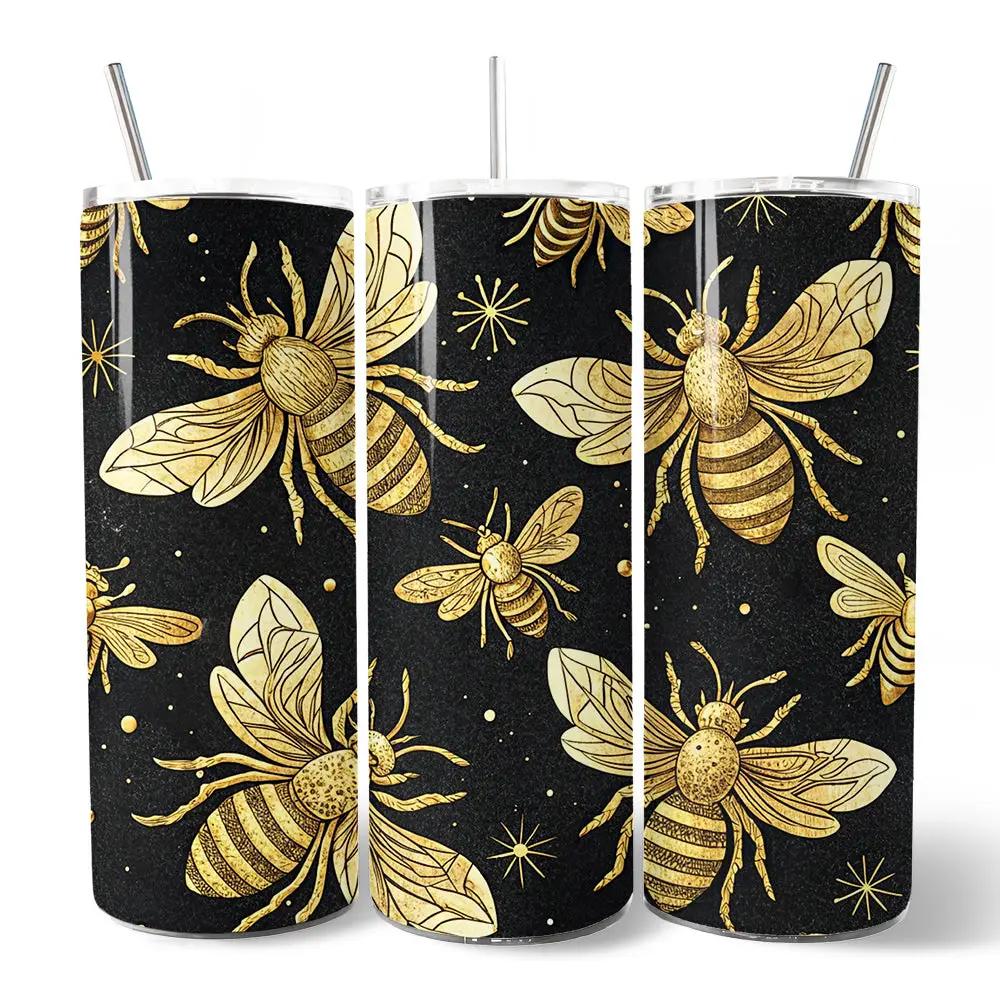 Tumbler set of 3 Black and Gold Bee Pattern 20oz with Lid and Straw by OrnamentallyYou on Tampa Home & Garden Store