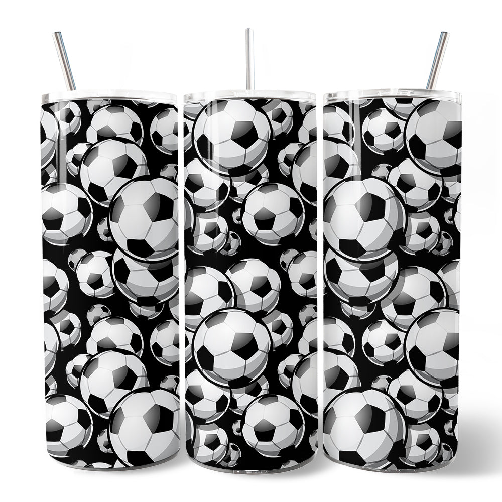 Black and White Soccer Ball 20oz Personalized Tumbler With Lid and Stainless Steel Straw, Football Sports Print Gift Cup