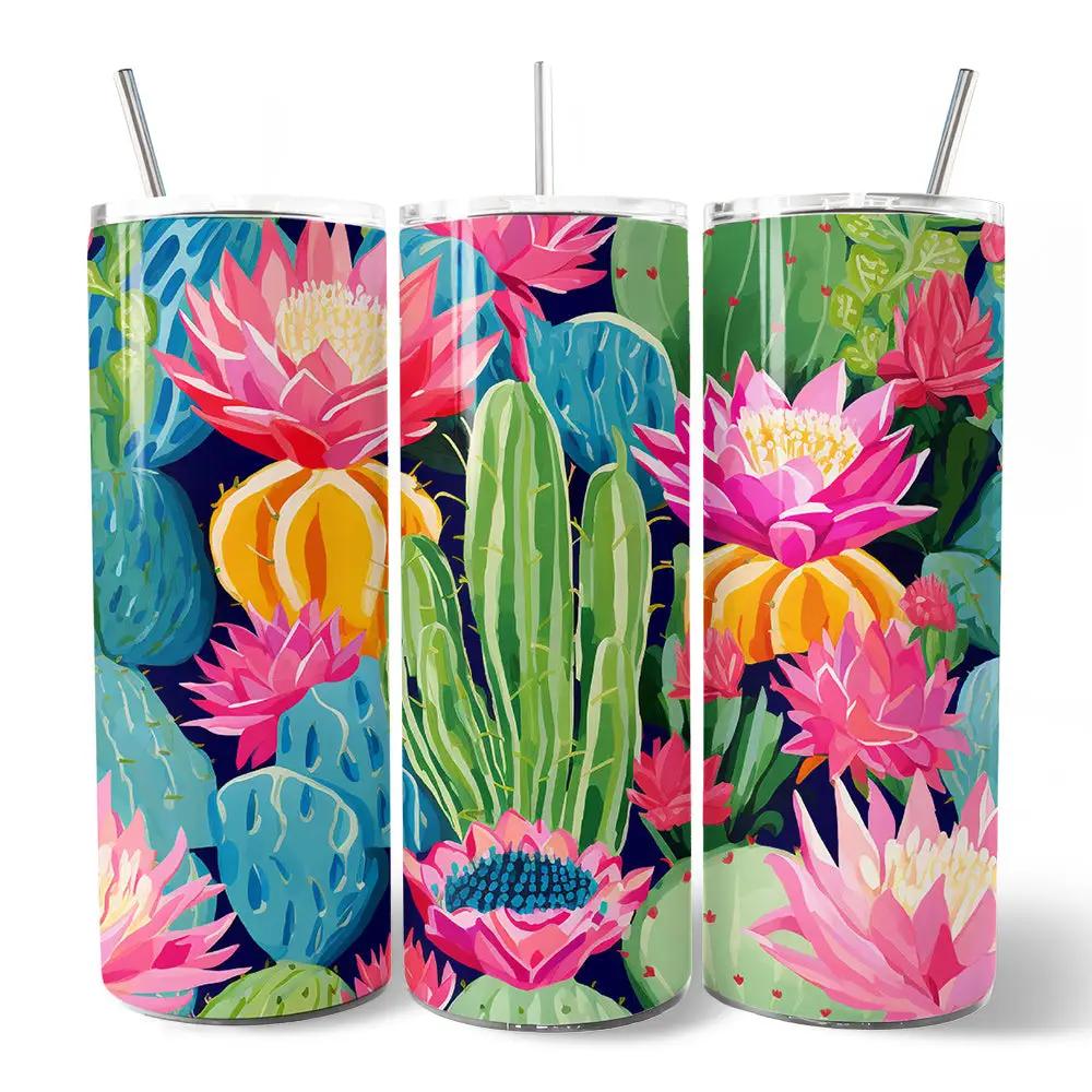 3 Blooming Desert Cactus 20oz personalized tumblers with vibrant cactus and flower artwork by OrnamentallyYou on Tampa Home & Garden Store