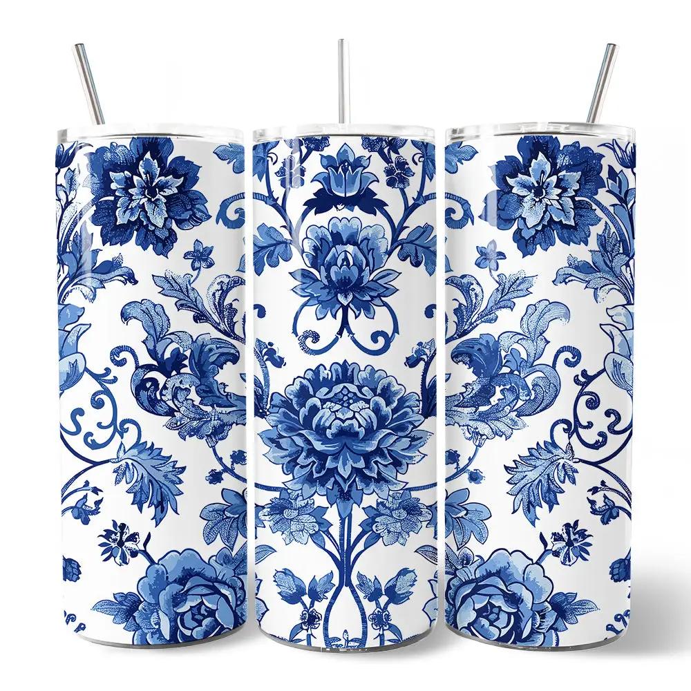 Blue and White Floral 20oz Tumbler with Lid OrnamentallyYou, triple set with blue flower motif on Tampa Home & Garden Store