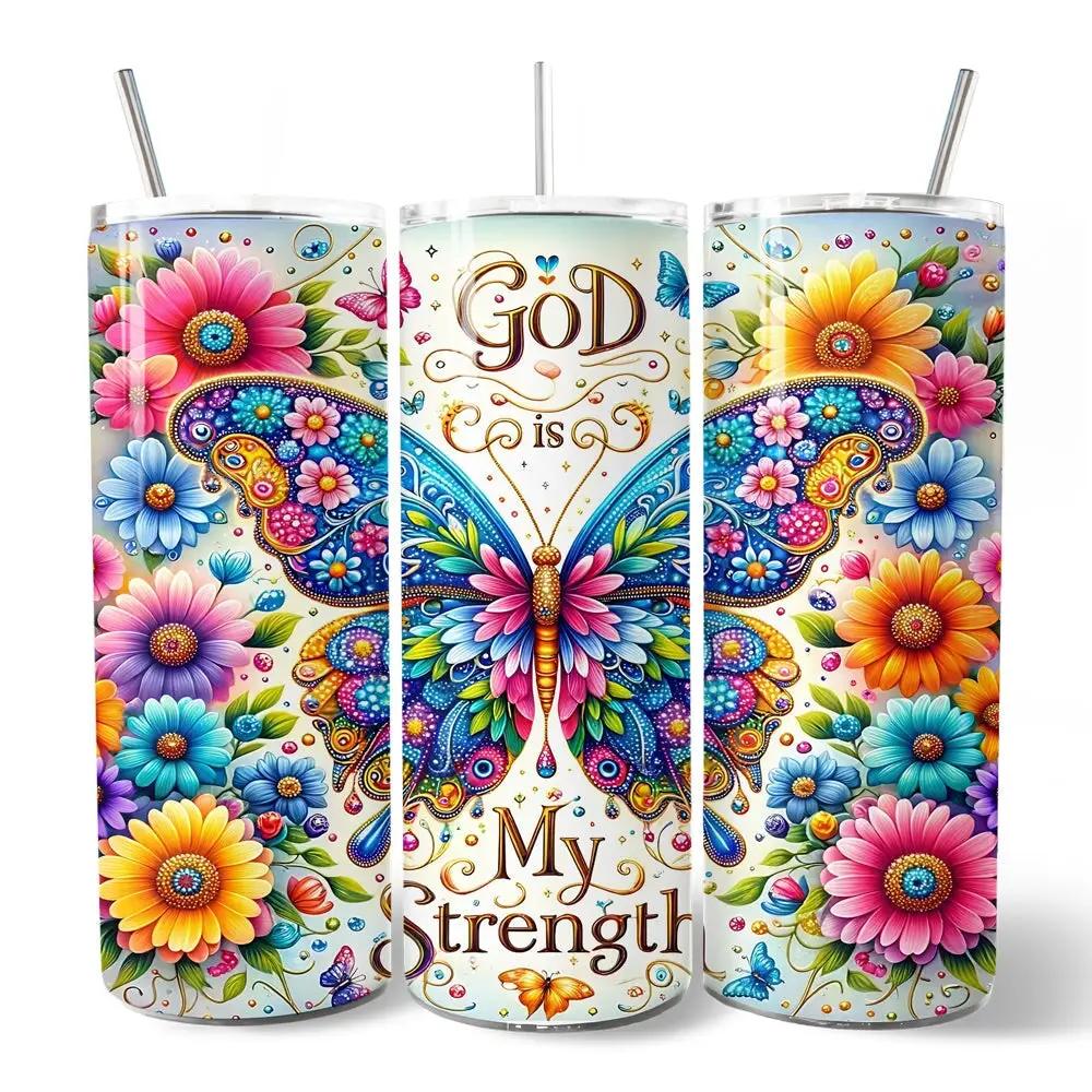Christian Butterfly Floral 20oz Tumblers, 3-pack with lids and straws, God Is My Strength design on Tampa Home & Garden Store