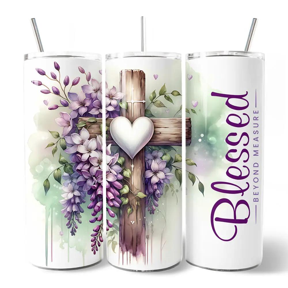 Tumbler with lid featuring Purple Wisteria cross and heart bloom motif by OrnamentallyYou on Tampa Home & Garden Store