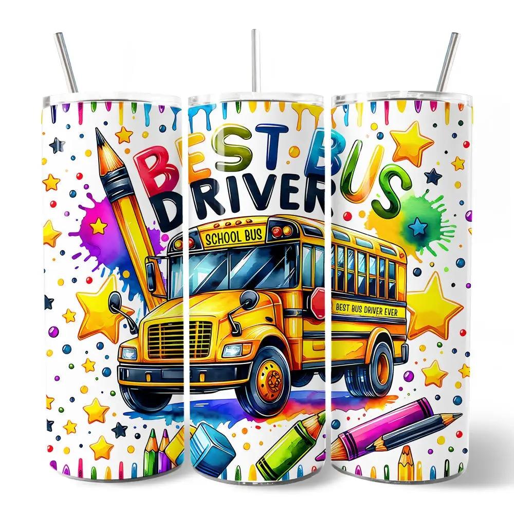 Colorful Bus Driver 20oz tumbler set of 3 with lids, bright bus and art supplies on Tampa Home & Garden Store