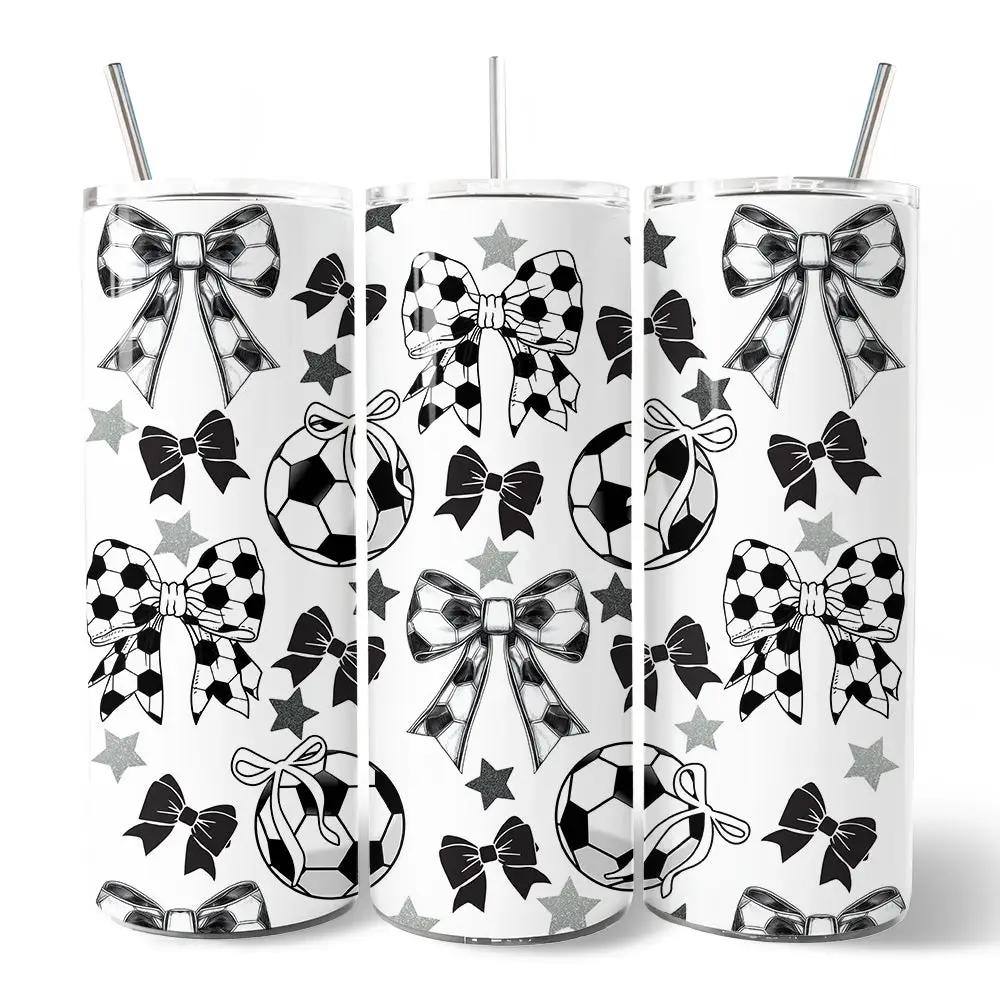 Personalized 20oz soccer bow tumbler with lid; white set of 3 tumblers with black bows, soccer balls on Tampa Home & Garden Store