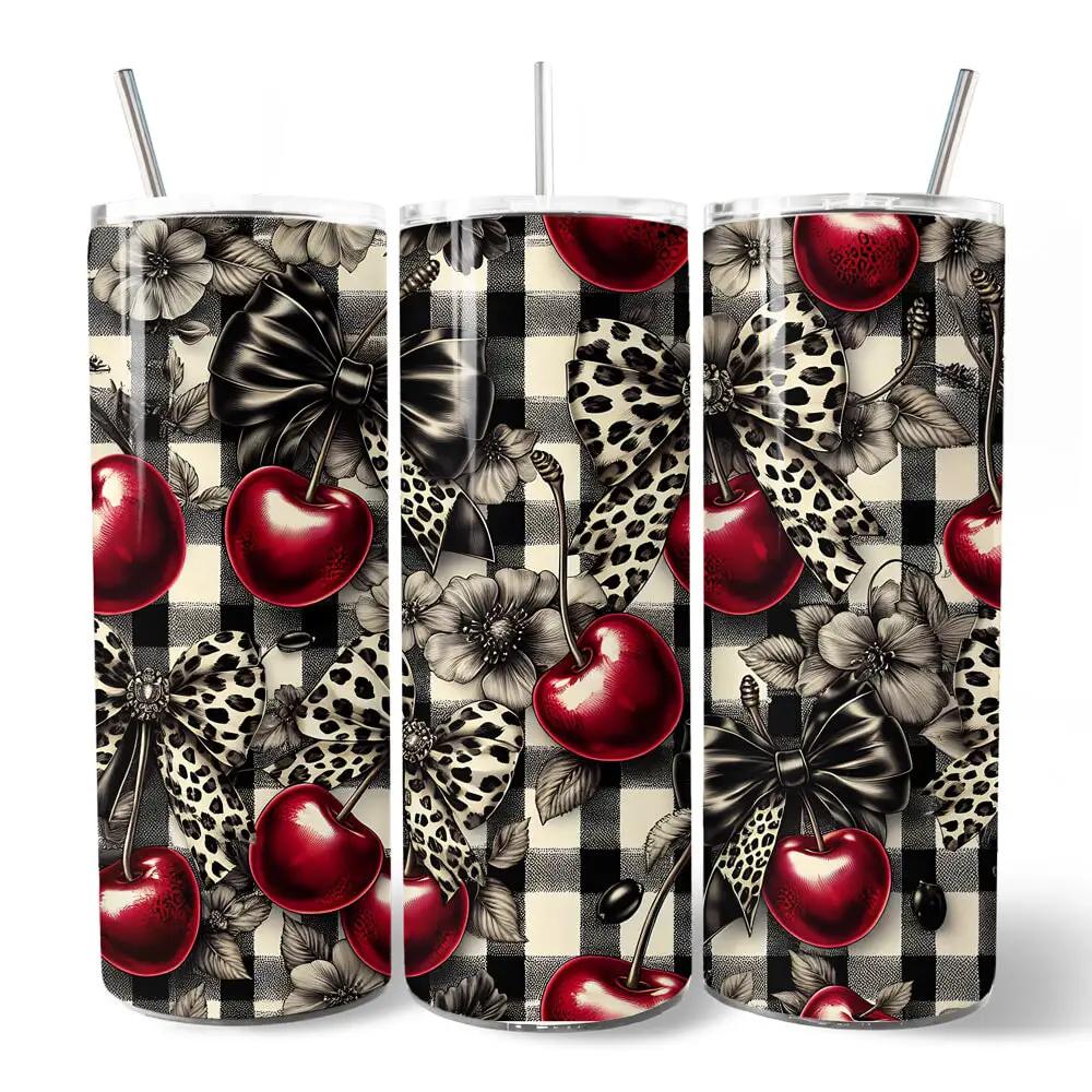 Coquette Cherries and Bows 20ozTumblers 3-pack featuring red cherries and bows on gingham on Tampa Home & Garden Store