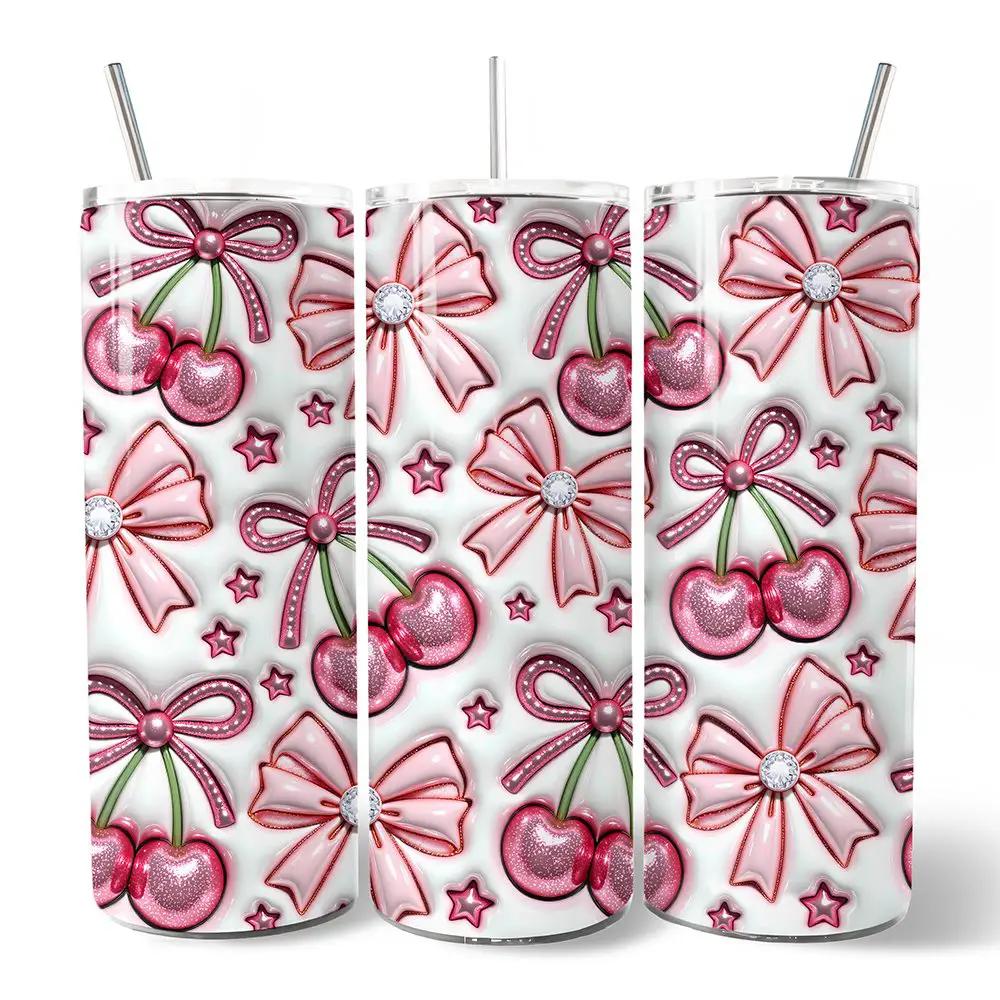 Coquette Cherry Bows 3D Inflated Tumbler with Lid set of 3 pink bows and cherries on white straw on Tampa Home & Garden Store