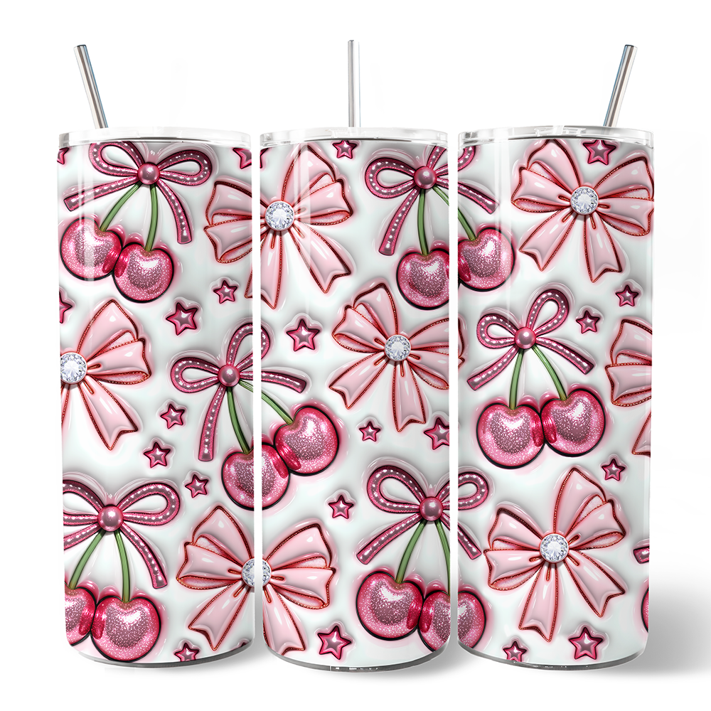 Coquette Cherry Bows 3D Inflated Tumbler With Lid and Stainless Steel Straw, Spring Floral Travel Mug Gift