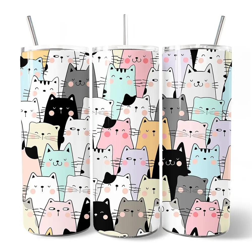 Cute Cats 20oz Tumbler with Lid, 3-piece set featuring a colorful cat pattern on Tampa Home & Garden Store