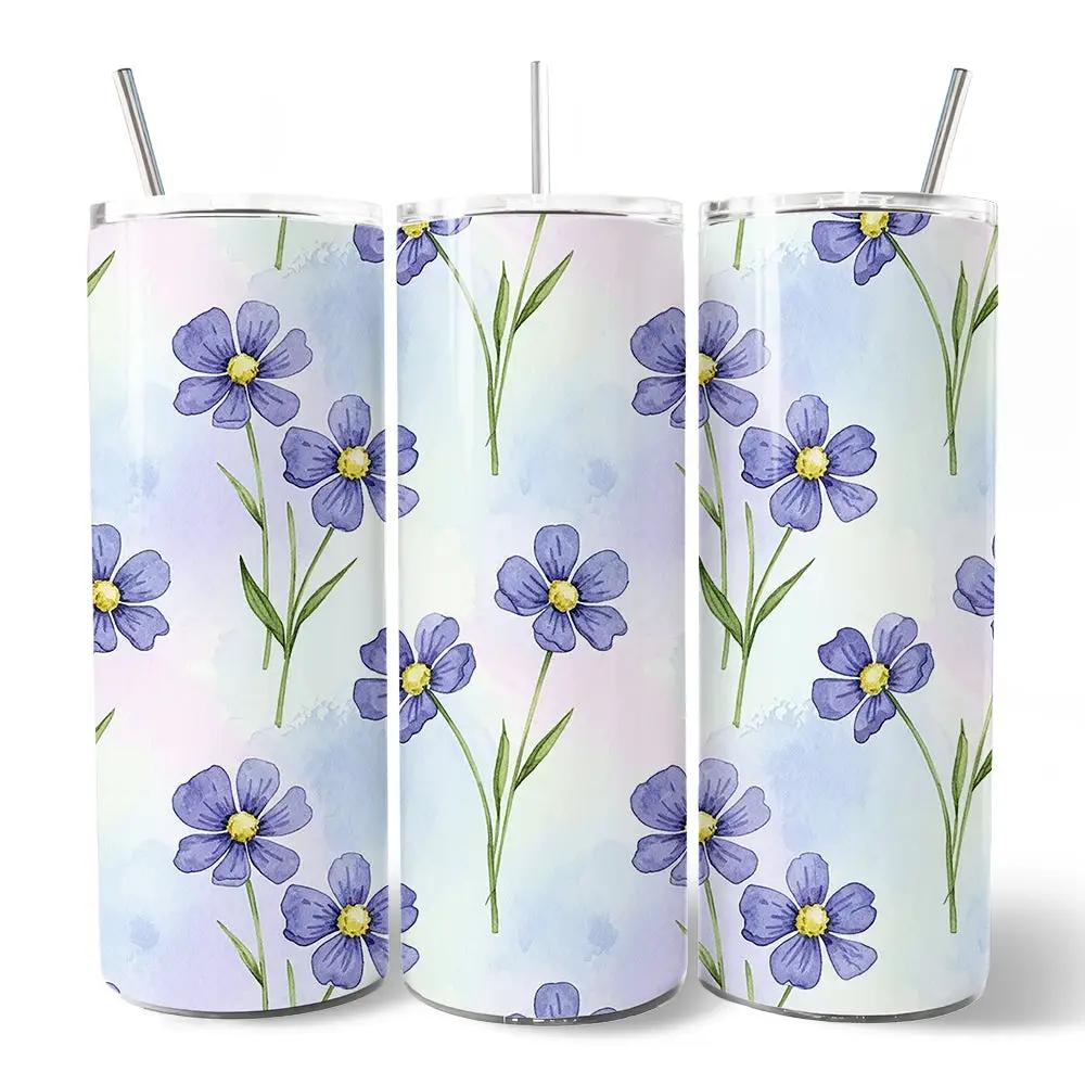 Tumbler trio 20oz with delicate blue wildflowers print and metal straw OrnamentallyYou on Tampa Home & Garden Store