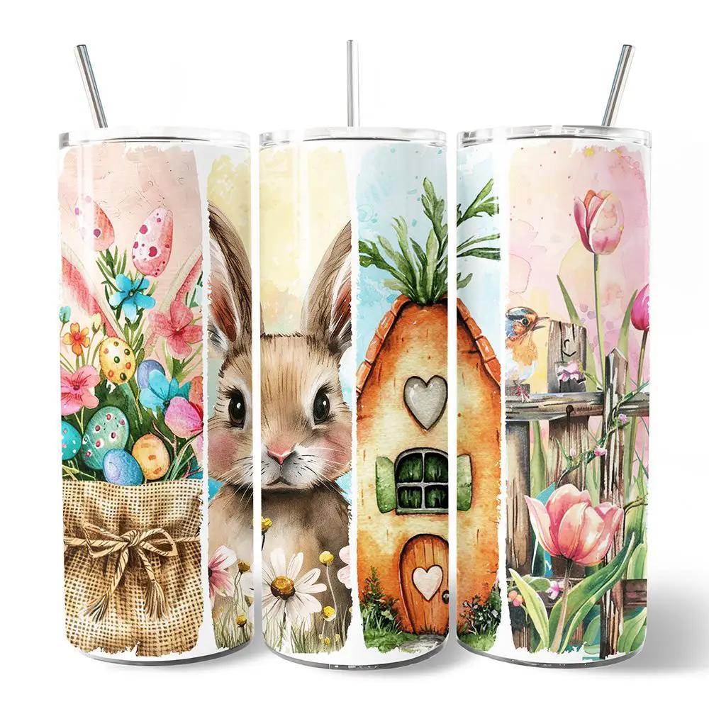 Easter Bunny Floral 20oz Tumbler With Straw 4-pack; spring pastel bunny carrot cottage designs on Tampa Home & Garden Store