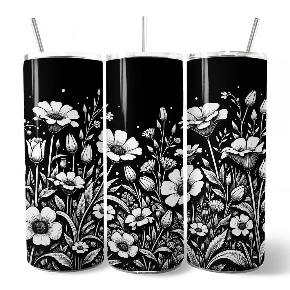 Elegant Wildflower 20oz tumbler with lid and straw, black with white floral print, set of 3 on Tampa Home & Garden Store