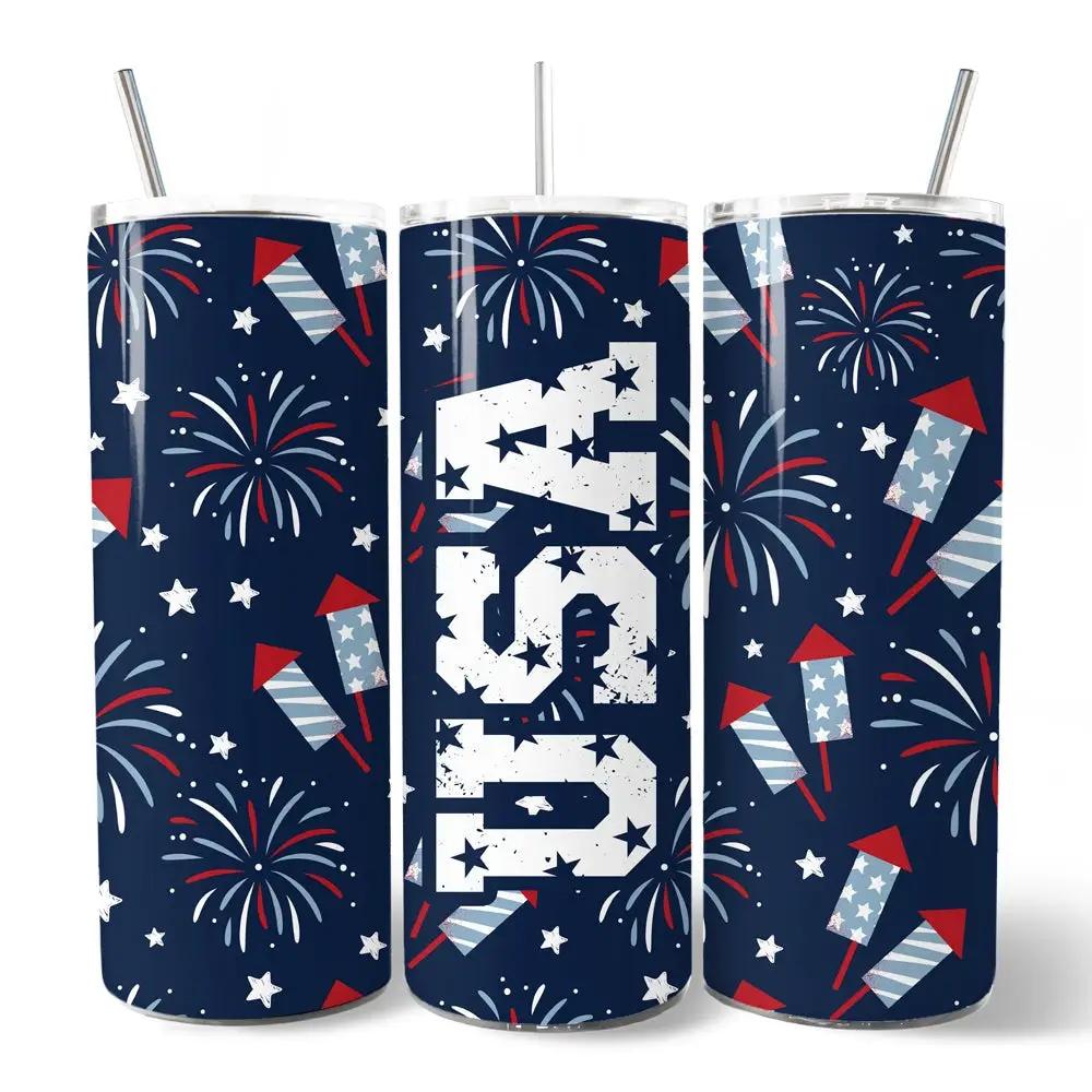 Tumbler set: 3x 20oz navy USA fireworks tumblers with lids and straws on Tampa Home & Garden Store