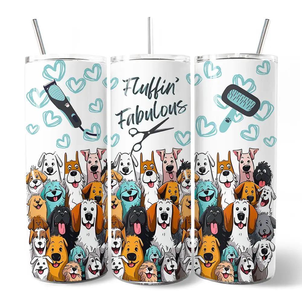 Fluffin Fabulous Dogs 20oz Tumbler with dog collage and grooming icons, three tumblers shown on Tampa Home & Garden Store