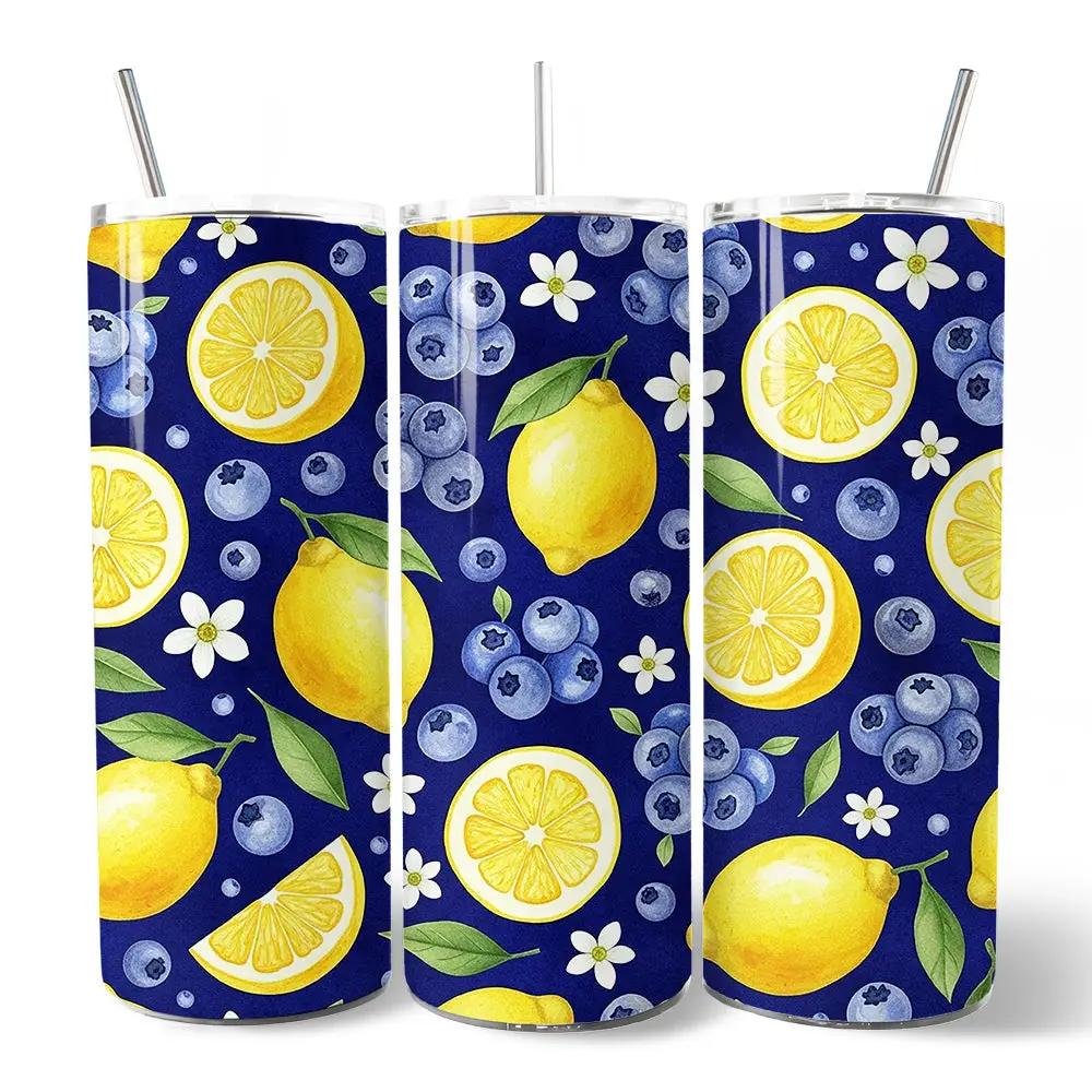 Tumbler set of 3 with lemon and blueberry pattern on navy blue, lids and straws included on Tampa Home & Garden Store