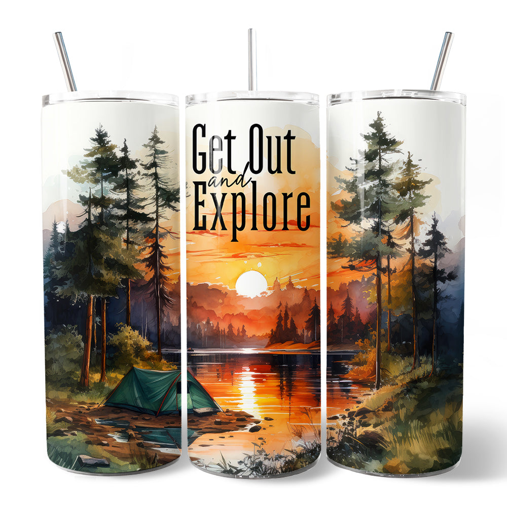 Tumbler set of 3, 20oz with lid and straw, sunset campsite forest design and tent scene on Tampa Home & Garden Store