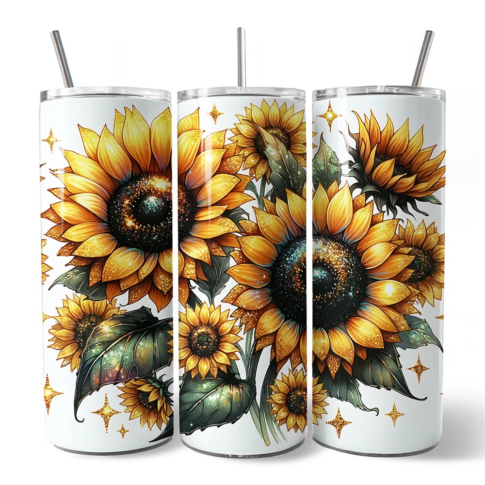 Vaso personalizado de 20 oz con estampado de girasol brillante, tapa y pajita de acero inoxidable, regalo de taza de viaje con flores de verano amarillas.