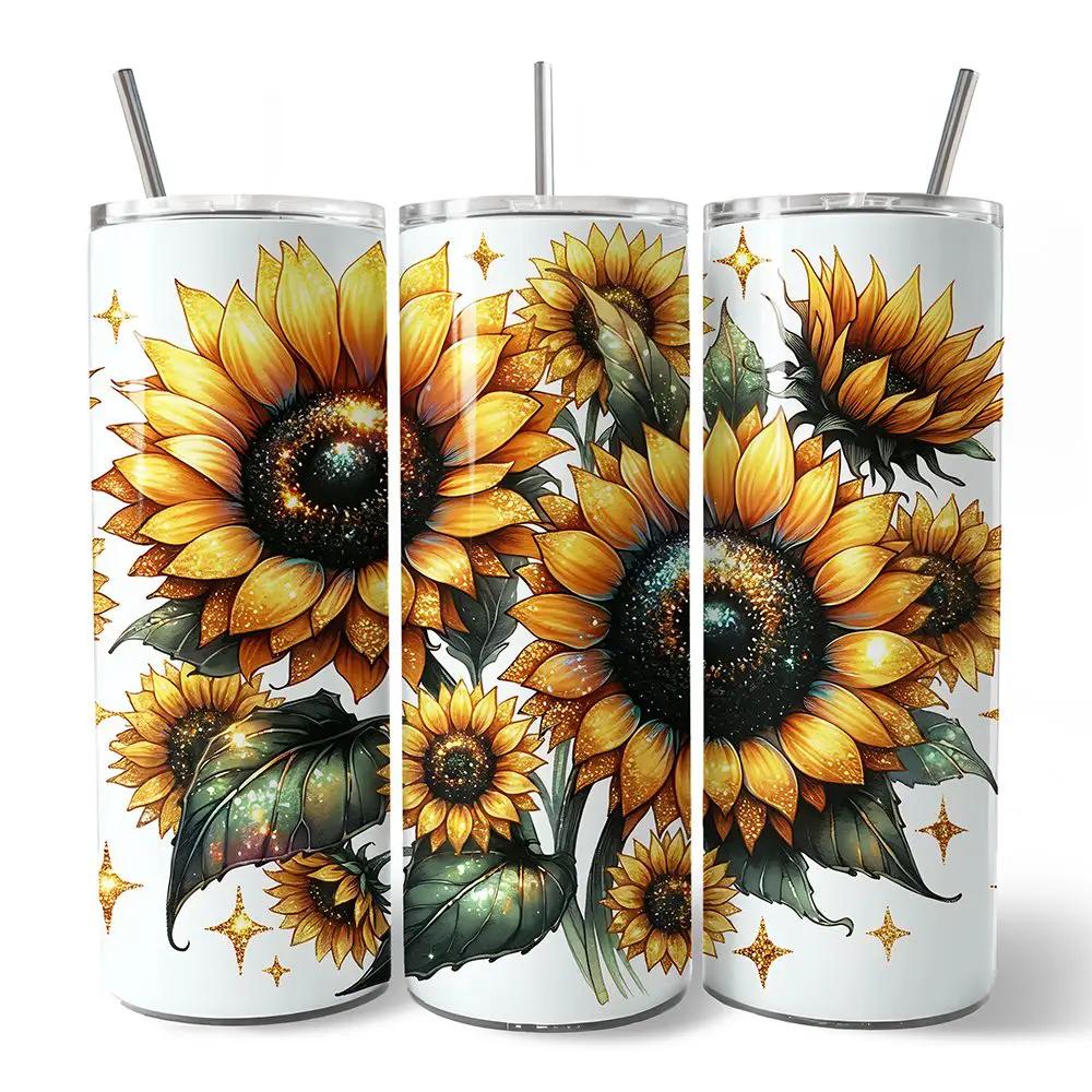Glittered Sunflower 20oz Tumbler set of 3 with lids and straws OrnamentallyYou sunflowers on white on Tampa Home & Garden Store