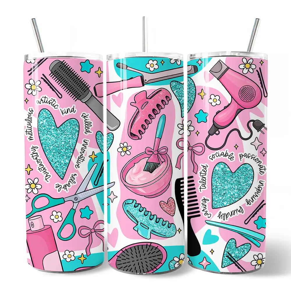 Hair Stylist 20oz Tumbler 3-pack with Lid and Straw pink illustrated pattern OrnamentallyYou on Tampa Home & Garden Store
