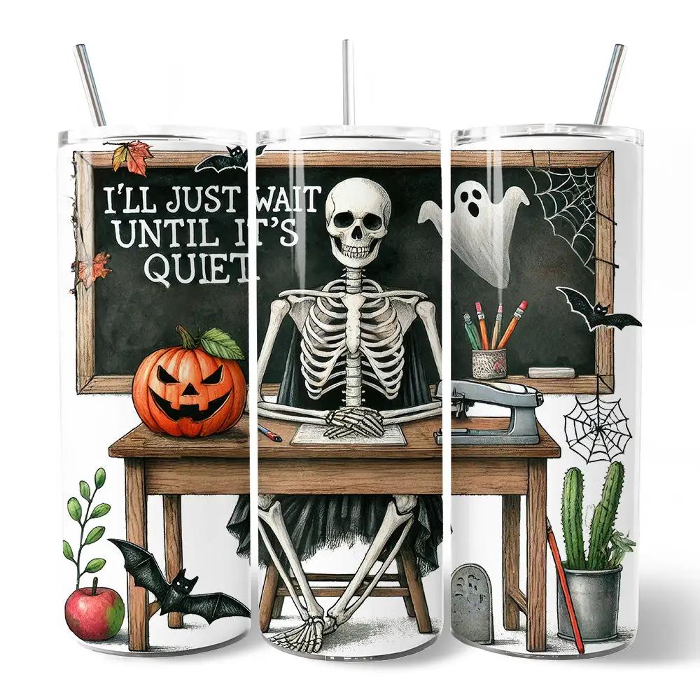 Wait Until It's Quiet 20oz tumbler with lid 3pc skeleton at desk pumpkin scene on Tampa Home & Garden Store