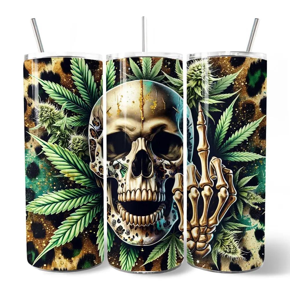 Leopard Skull 20oz tumbler with lid and straw set of 3 featuring cannabis leaves OrnamentallyYou on Tampa Home & Garden Store