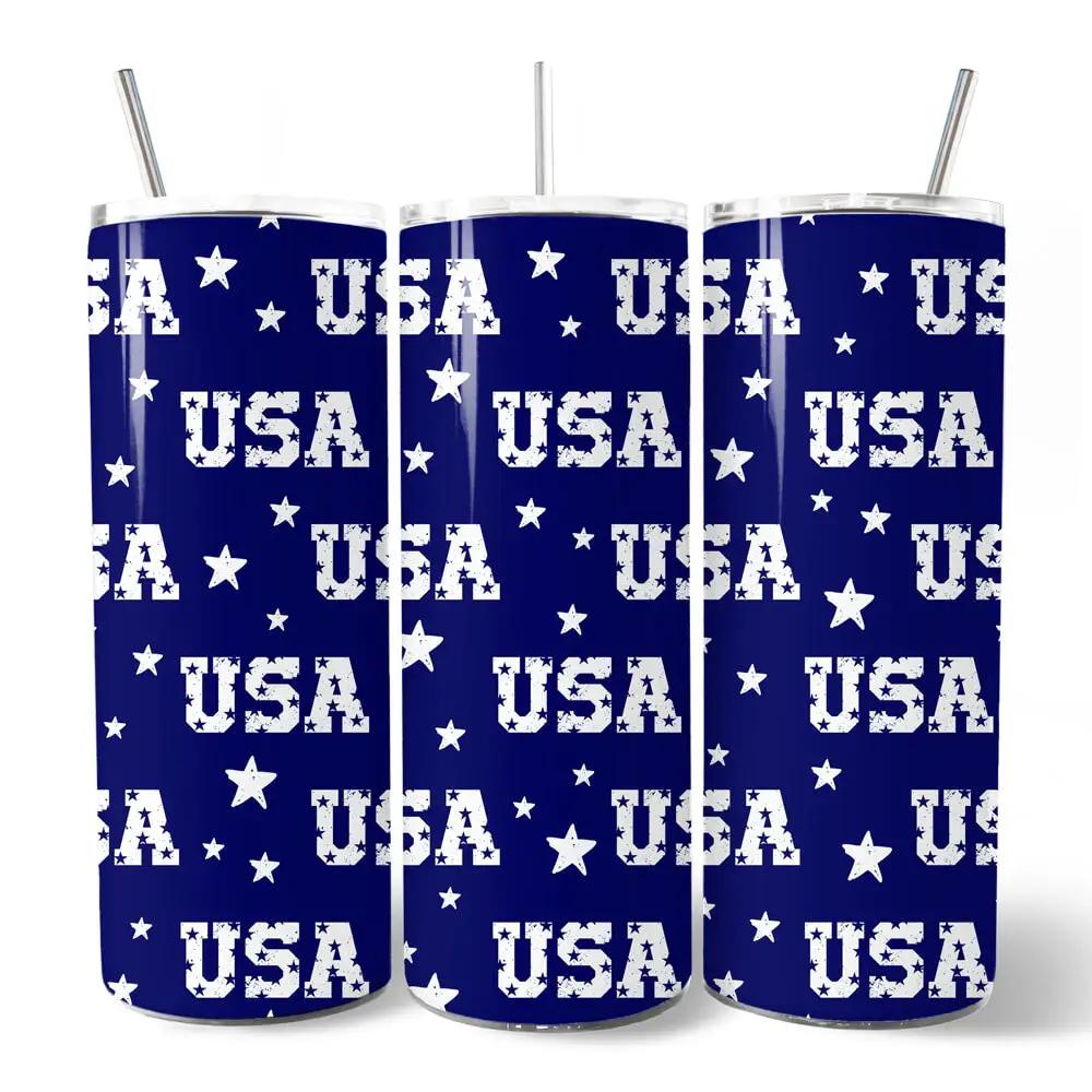 Tumbler trio in navy blue with white distressed USA letters and stars, 20oz with metal straws on Tampa Home & Garden Store