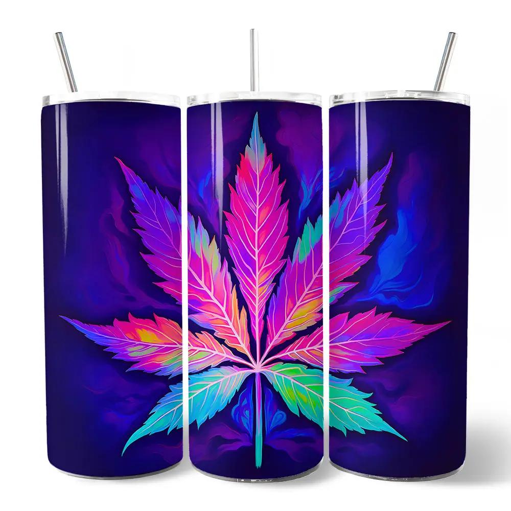 Tumbler set of 3 20oz with neon cannabis leaf rainbow design lids and straws by OrnamentallyYou on Tampa Home & Garden Store
