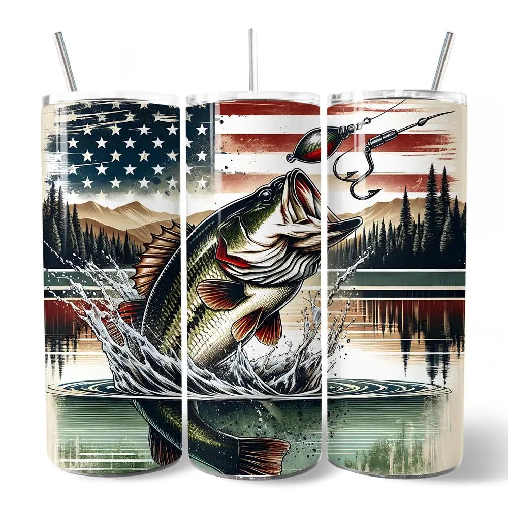 Patriotic Bass Fishing 20oz Tumbler with Lid featuring jumping bass and flag backdrop on Tampa Home & Garden Store