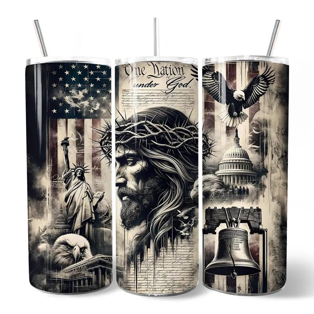 Patriotic Christian 20oz tumbler set by OrnamentallyYou, 3pc wrap with Liberty and flag on Tampa Home & Garden Store