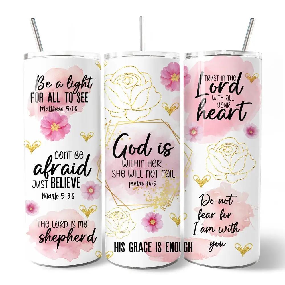 3-pack pink floral Bible verse 20oz tumblers with lids by OrnamentallyYou on Tampa Home & Garden Store