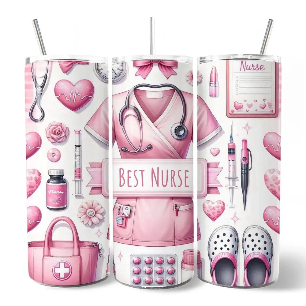 Pink Nurse Life 20oz tumbler with lid and straw, nurse-themed wrap with stethoscope and pills on Tampa Home & Garden Store