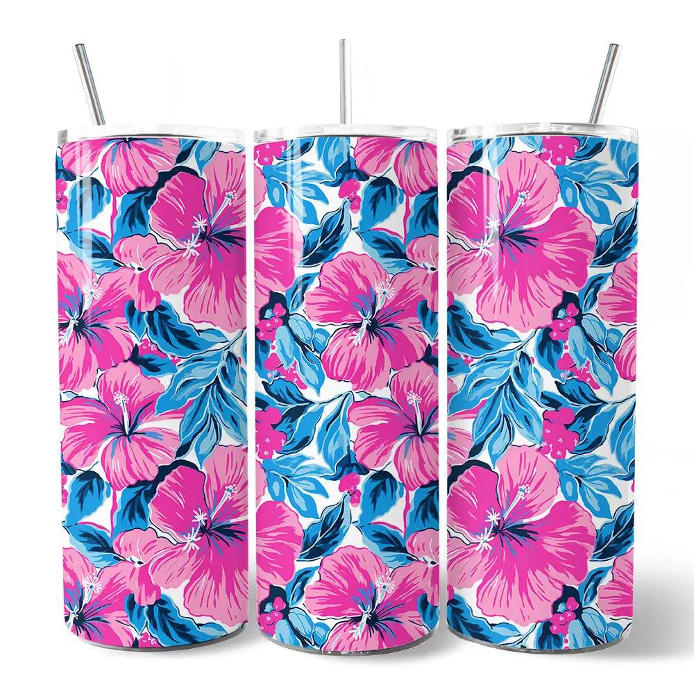 Pink and blue hibiscus 20oz tumbler with lid; 3 floral-pattern tumblers by OrnamentallyYou on Tampa Home & Garden Store