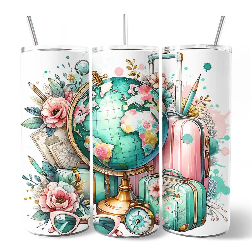 Tumbler Pink Teal Wanderlust 20oz personalized set of 3 with floral globe design on Tampa Home & Garden Store