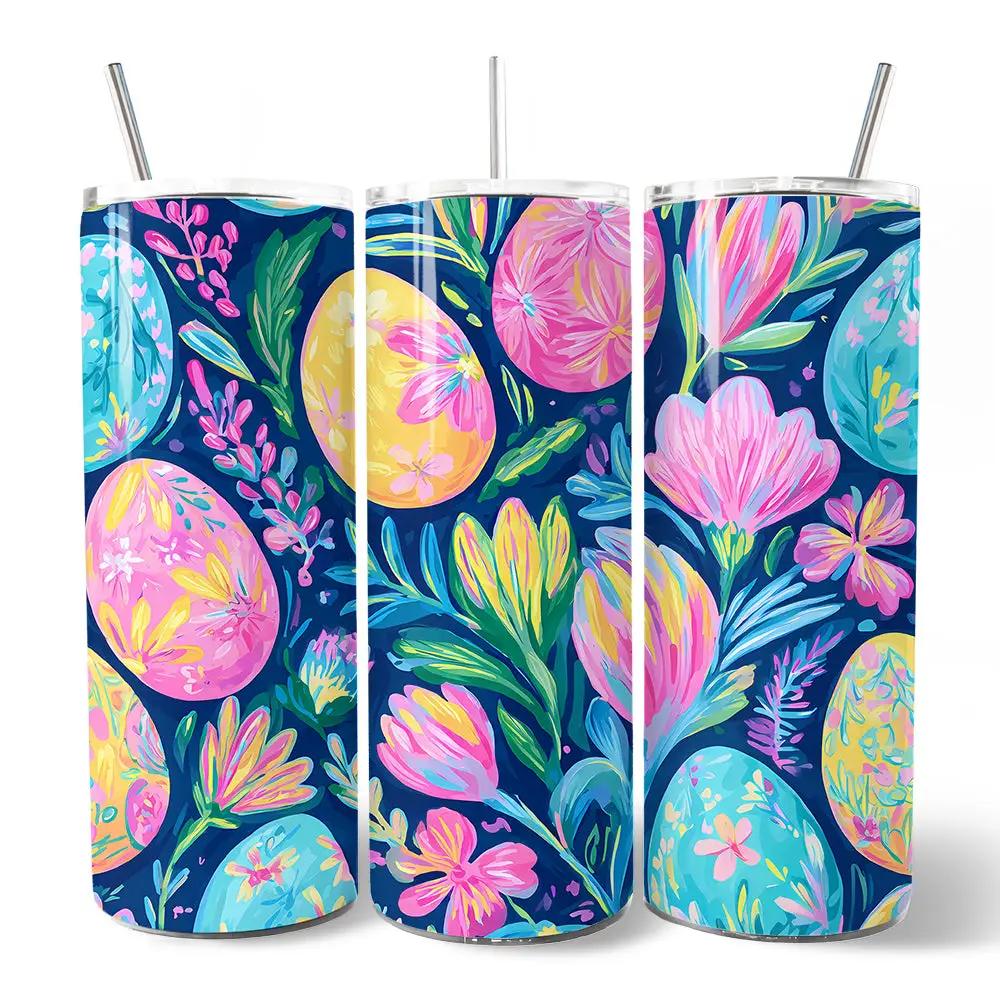 20oz personalized tumbler with lid and straw, vivid navy floral three-panel design on Tampa Home & Garden Store