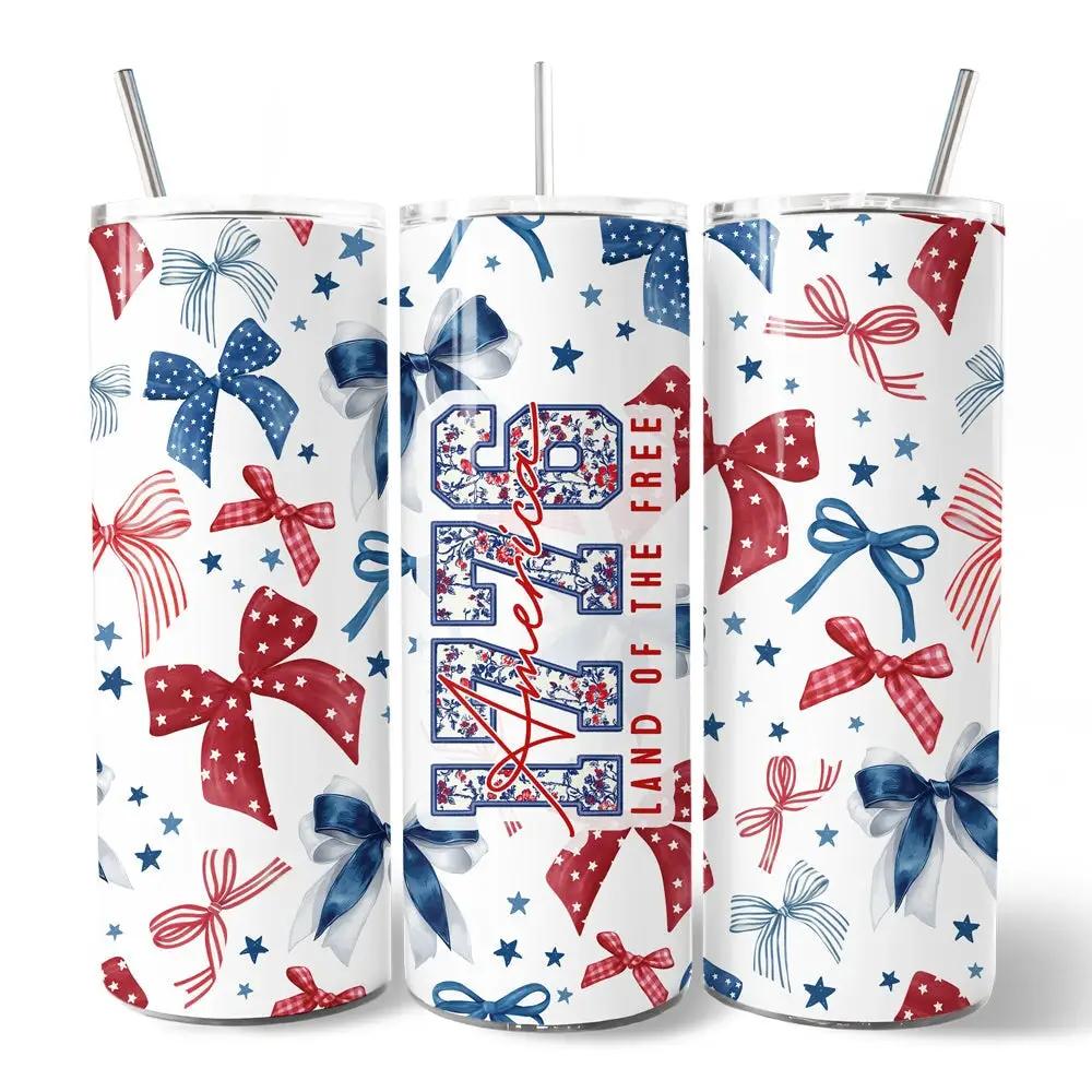 Tumbler Coquette America 1776 Floral 20oz set with red blue bows OrnamentallyYou 3-pack on Tampa Home & Garden Store