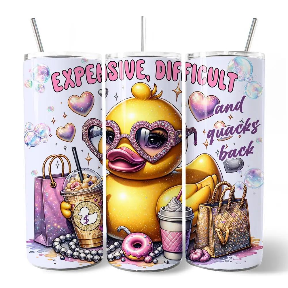 Three 20oz tumblers in Sassy Rubber Duck design with heart sunglasses and shopping bags on Tampa Home & Garden Store