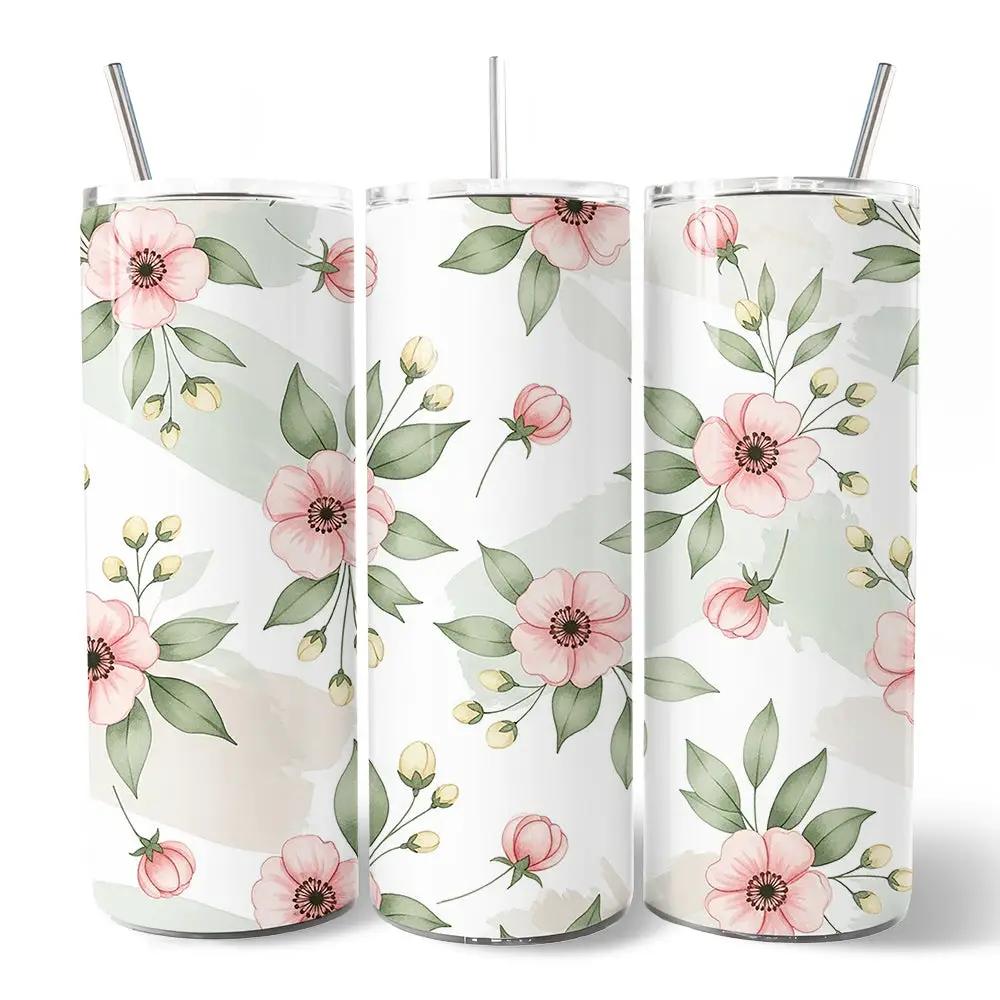 Soft Pink Wildflower 20oz tumbler set of three with watercolor floral pattern and metal straws on Tampa Home & Garden Store