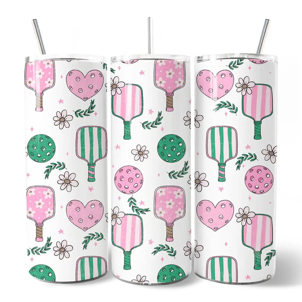 Sporty Coquette Pink Pickleball 20oz Tumbler set white with pink/green paddle prints OrnamentallyYou on Tampa Home & Garden Store
