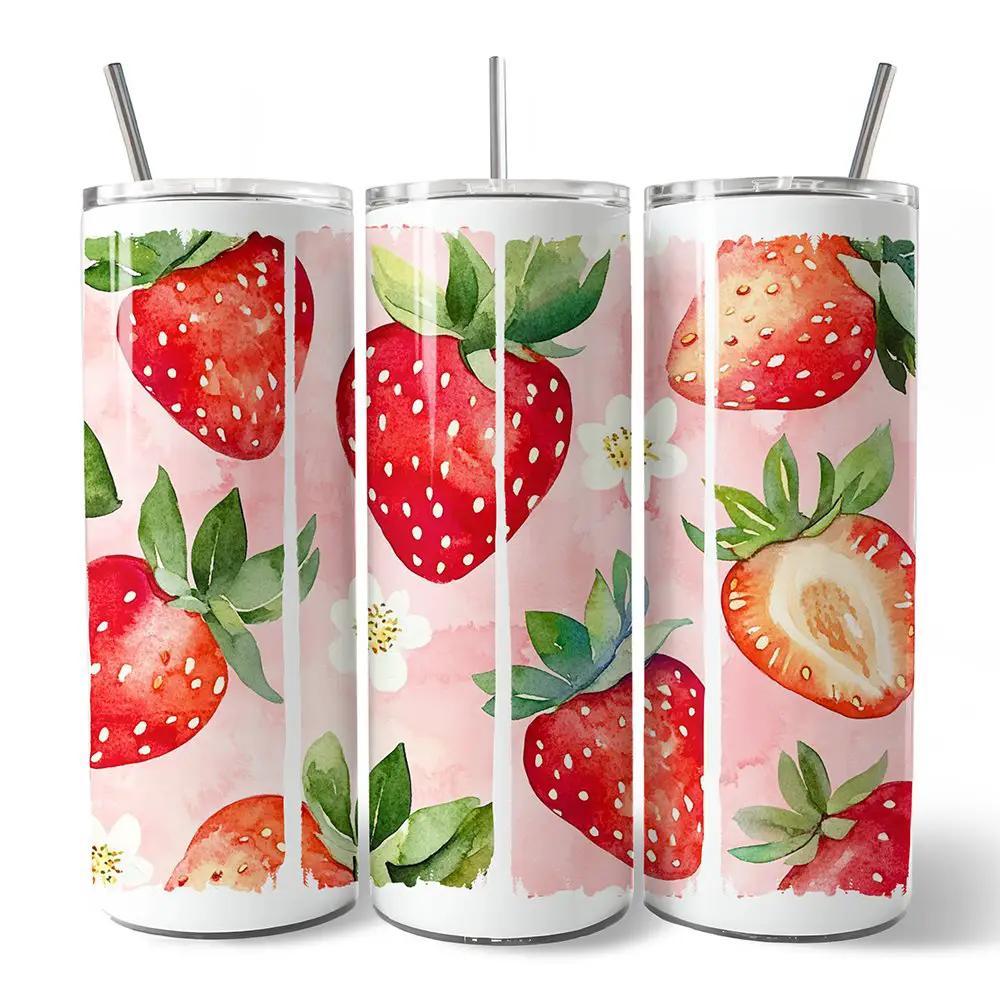Strawberry 20oz Tumbler with Lid, pink strawberry print, clear lid and metal straws 3-pack on Tampa Home & Garden Store