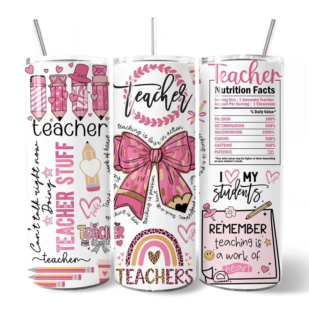 Tumbler 3-pack pink 20oz with teacher-themed designs and straws by OrnamentallyYou on Tampa Home & Garden Store
