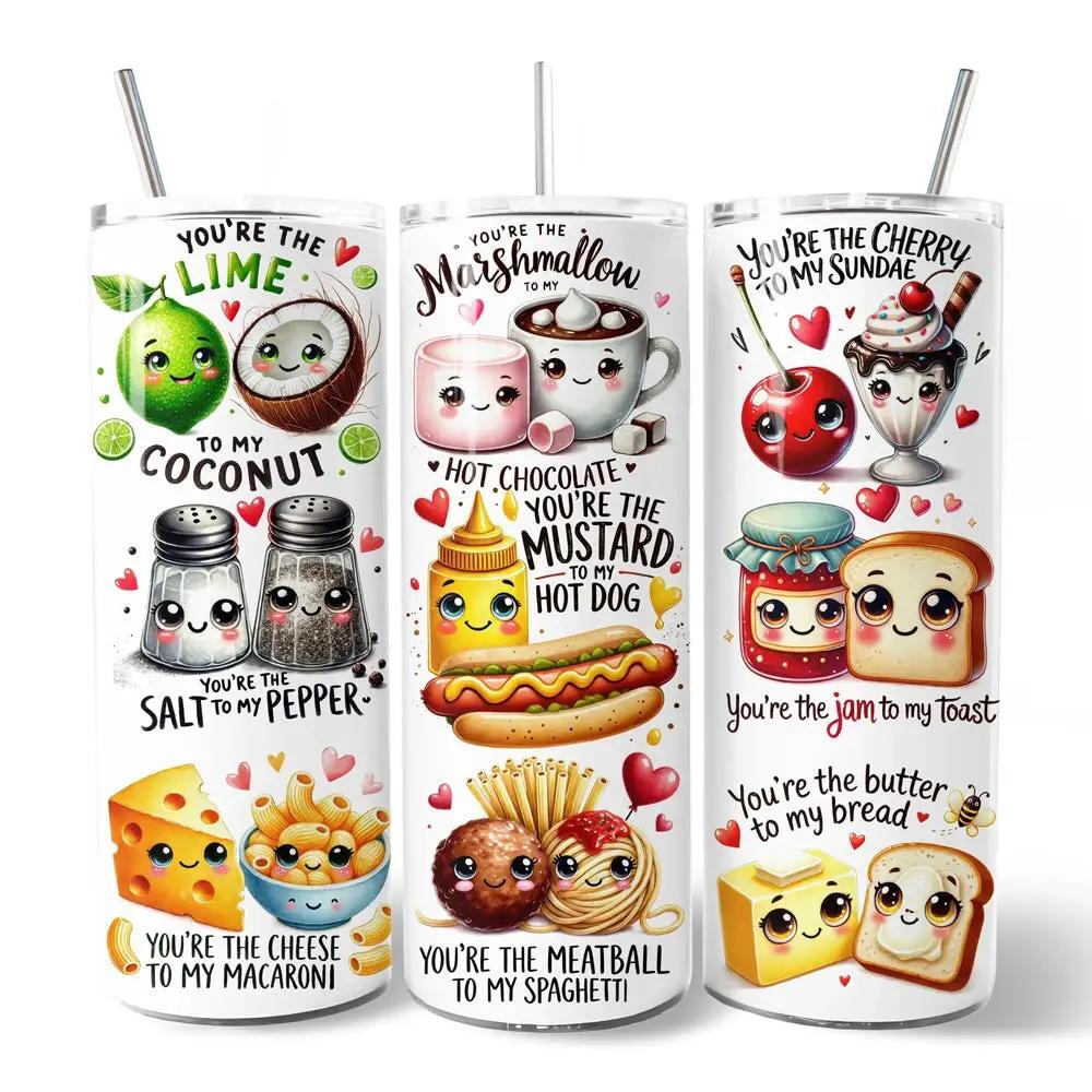 Valentine Soulmates 20oz personalized tumbler set of 3 by OrnamentallyYou with food designs on Tampa Home & Garden Store