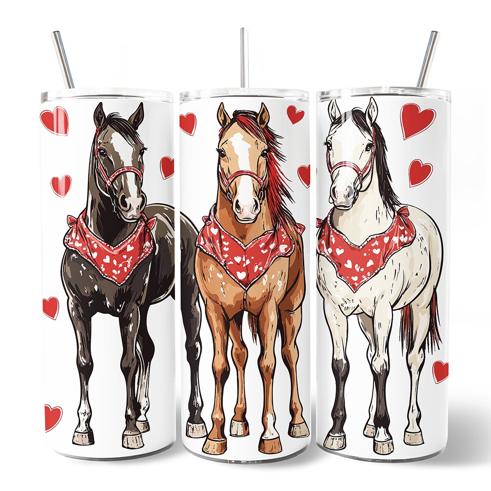 Valentine Horses Western Pattern 20oz Personalized Tumbler With Lid and Stainless Steel Straw, Cute Country Travel Mug Gift