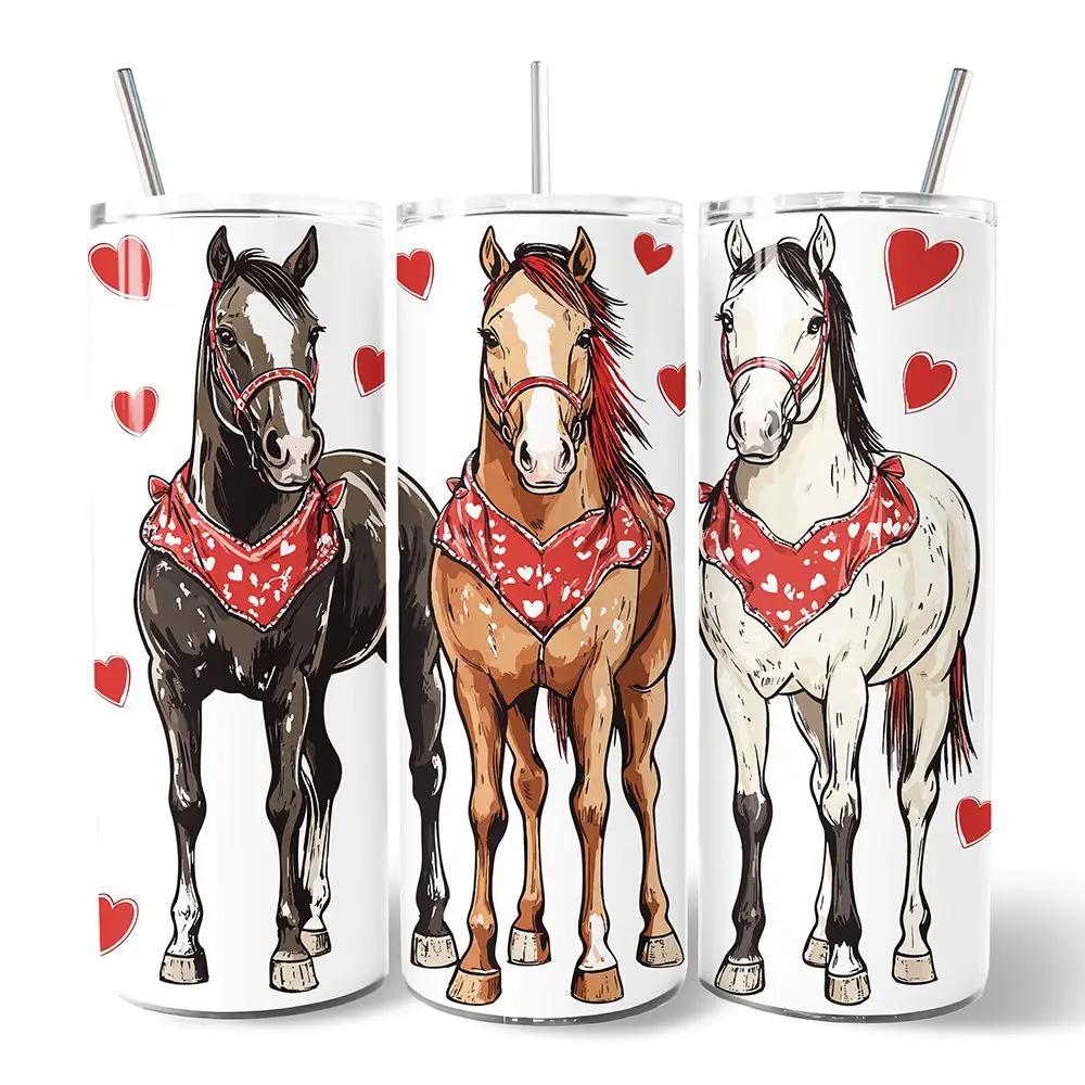 Valentine Horses 20oz Tumbler With Lid, three tumblers featuring horses in red heart bandanas on Tampa Home & Garden Store