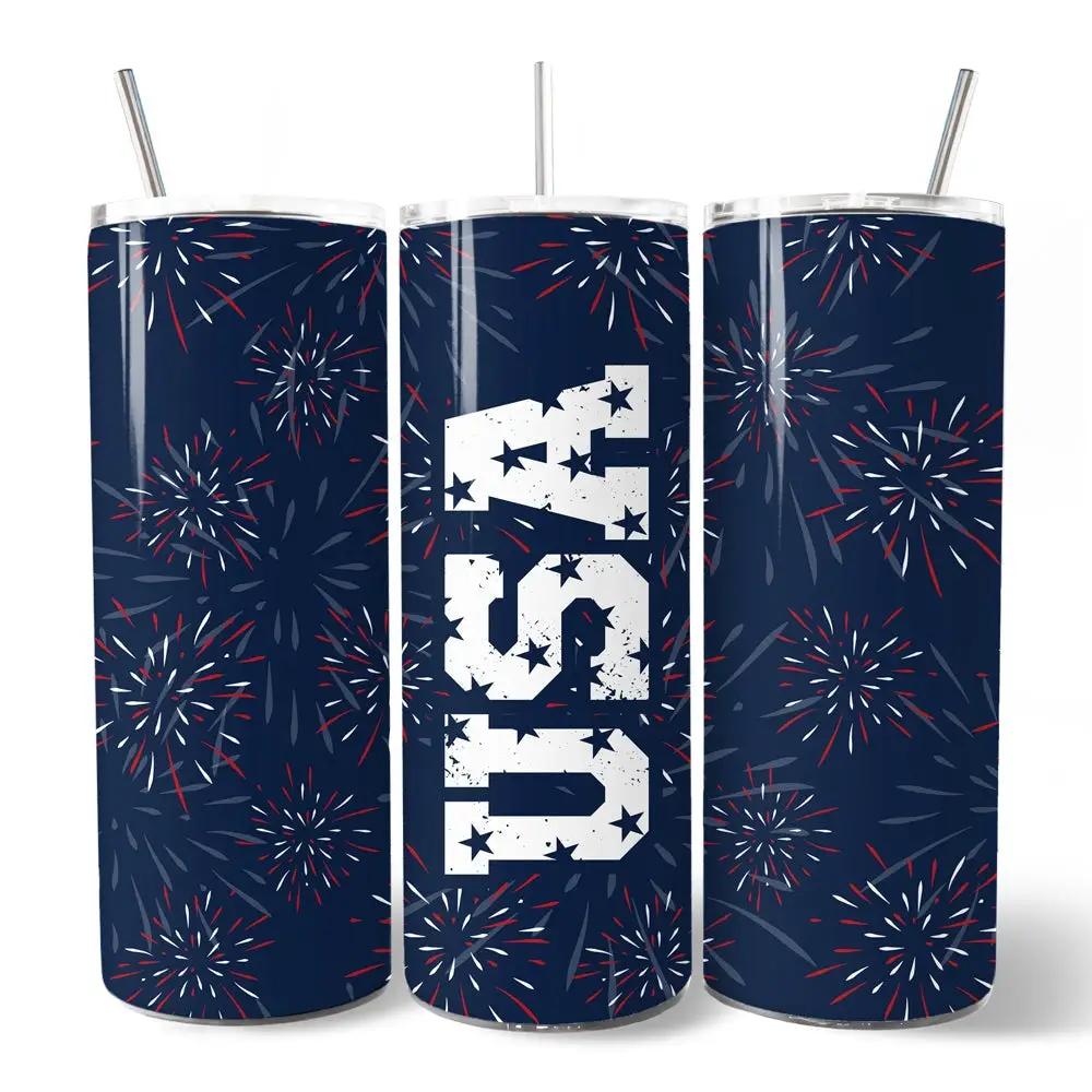 Set of three 20oz tumblers with lids and straws, navy fireworks design with USA letters on Tampa Home & Garden Store