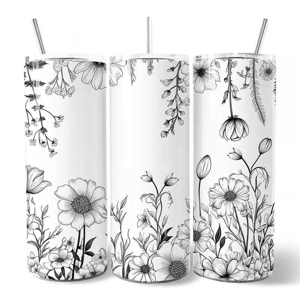 Tumbler trio: white with black wildflower line art, lids and straws, OrnamentallyYou on Tampa Home & Garden Store