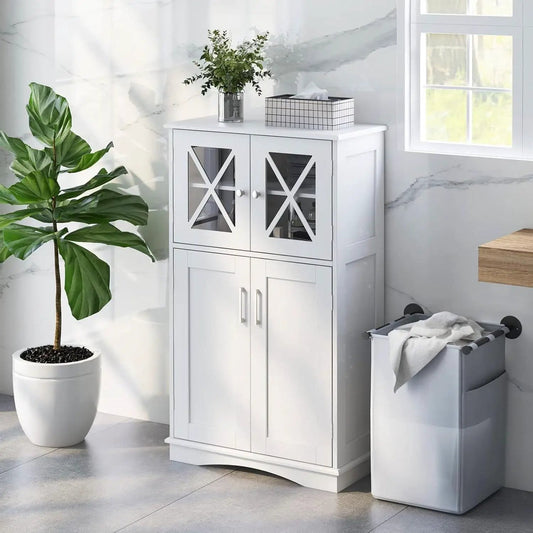 White bathroom linen cabinet with glass doors and X-pattern panels HomePacific on Tampa Home & Garden Store
