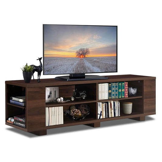 Walnut wood finish TV stand for 60-inch TV with open shelves and storage cubbies on Tampa Home & Garden Store