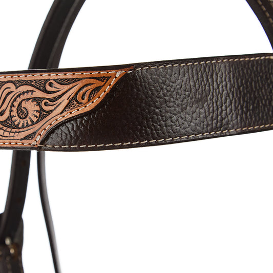 Browband headstall Mayatex WD-SBH2, brown overlay tooled on black leather with tan accents on Tampa Home & Garden Store
