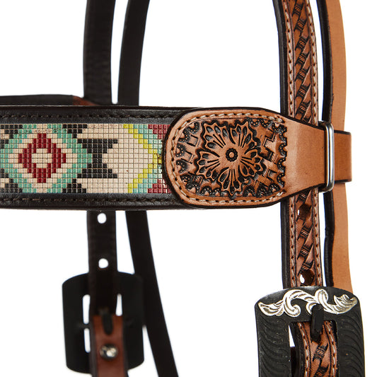 WD-SBH3 Turquoise & Rust Beadwork Browband Headstall with tooled leather accents by Mayatex on Tampa Home & Garden Store